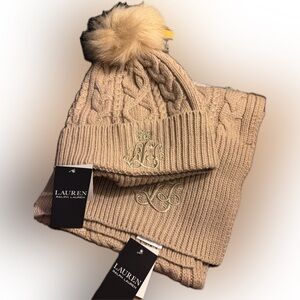 Ralph Lauren Beige Cable Knit Beanie and Scarf Set
